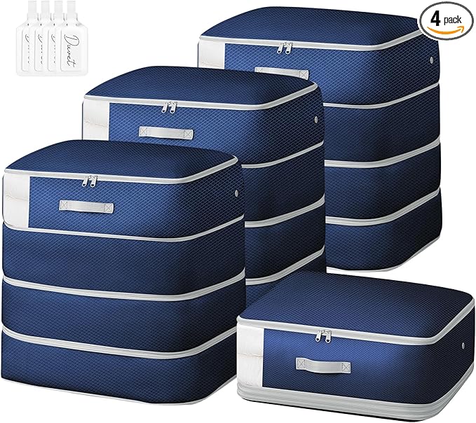 Comforter Storage Bag - Large Capacity Blanket Storage Bags 4-Layer Ultra Space Saving Self Compression Organizer, Washable Compression Bags for Storage Comforter Blanket, 4-Pack, Navy Blue
