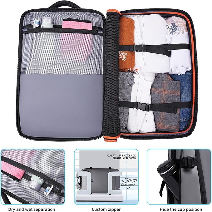 TANGCORLE Carry on Backpack Airline Approved for Men, Travel 50L Expandable backpack Luggage Fits 17.3 Inch Laptop with USB Charging Port(grey)