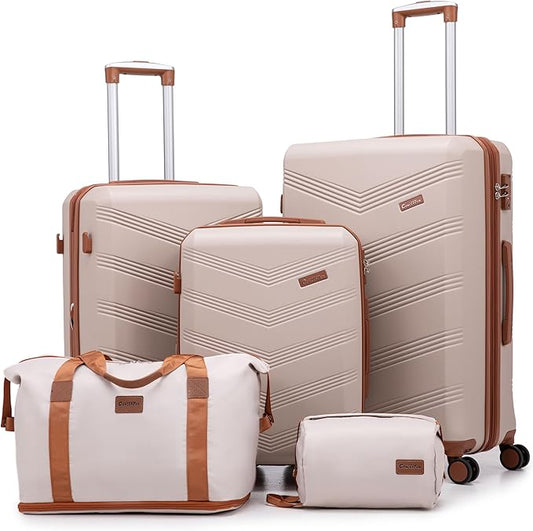 Expandable Luggage Sets 5 Piece, Hard Case Suitcase Set with Spinner Wheels,22x14x9 Airline Approved Carry on,Lightweight Durable Suitcase with TSA Lock (Beige)