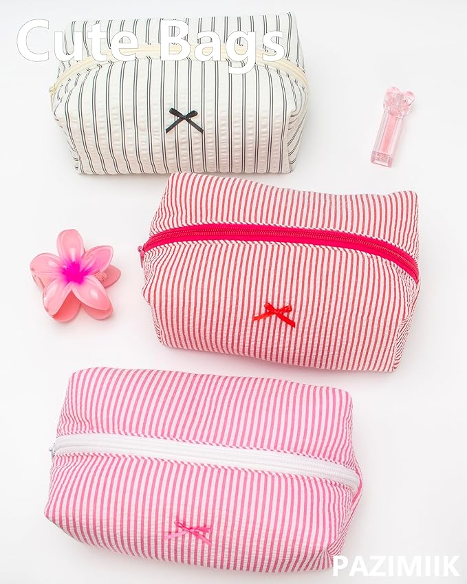 PAZIMIIK 6PCS Cozy Makeup Bag Small Aesthetic Travel Zipper Cosmetic Pouch for Women Make Up Beauty Accessories Brushes, Stripe Red