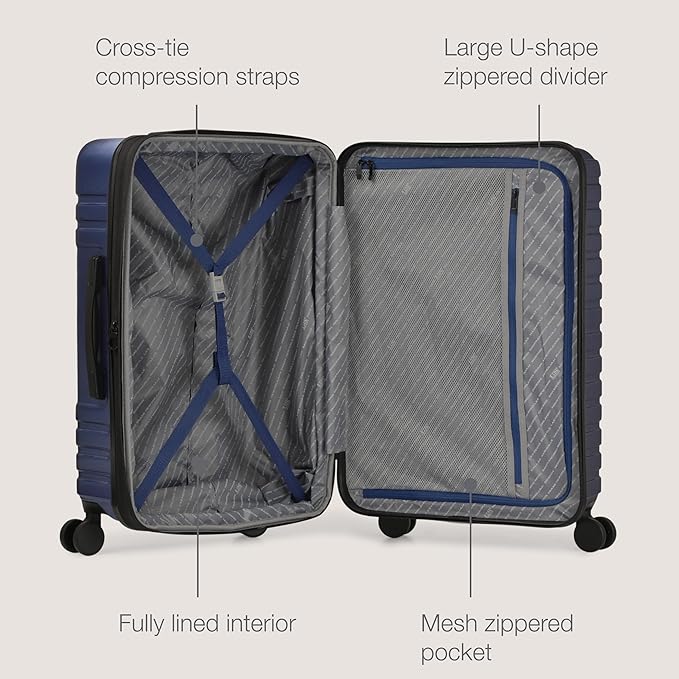 U.S. Traveler Boren Expandable Hardside Rugged Travel Luggage with 8 Spinner Wheels, Navy, 3-Piece Set
