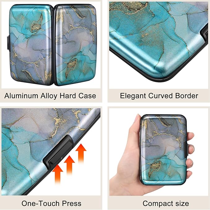 ELFISH Mini RFID Aluminum Wallet Credit Cards Holder Business Card Case Metal ID Case for Men Women（Blue Purple Marble