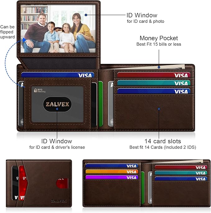 Wallet for Men Slim RFID Blocking Leather Credit Card Holder Wallet for 14 Cards, Bifold Minimalist Thin Wallet with 2 ID Windows & Cash Slot, Front Pockt Carteras Para Hombres, Birthday Gifts for Men