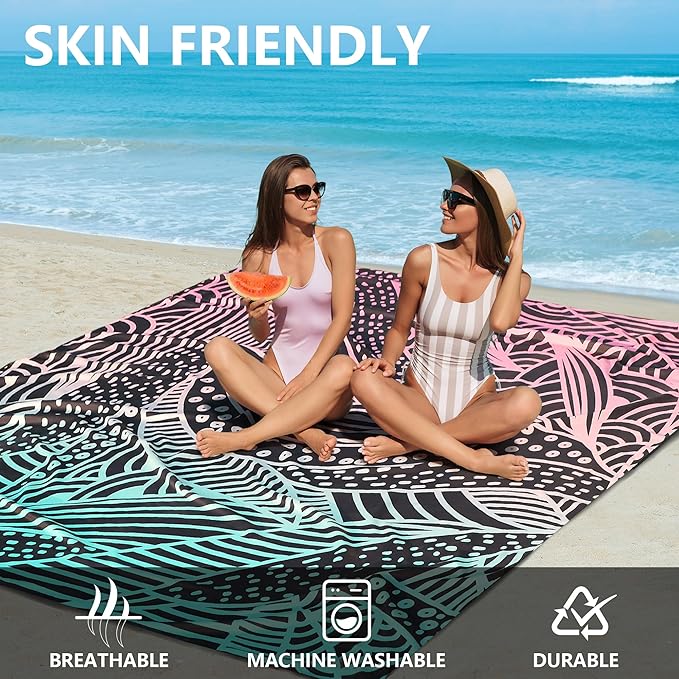HIHOHO Beach Blanket Waterproof Sandproof Beach Mat for 1-8 Adults Quick Drying Durable Outdoor Picnic Mat for Beach Festival Travel Camping Hiking (Gradiant BK-Ripple, 79"×83"(4 Person))