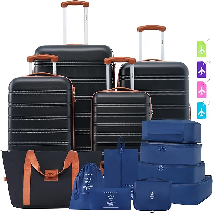 Merax Luggage sets of 13 Piece 16 20 20 28 IN Carry on Luggage Hard Case Black and Brown Luggage Expandable Checked Luggage Suitcase Set with Wheels