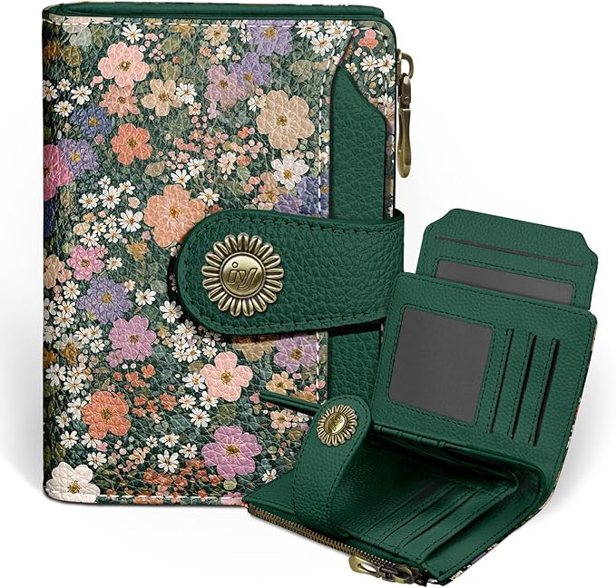 Icycay Floral Flowers Small Wallet Women RFID Blocking Bifold, Credit Card Holder, Zipper Coin Pocket, PU Leather, Compact, Travel, 4 ID Window, 14 Card Slots, Cash Purse, Ladies Woman Female Girls