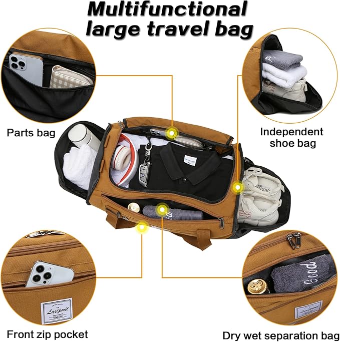 Laripwit Travel Duffle Bag for men 40L Medium Sports Gym Bag with Wet Pocket & Shoes Compartment Weekender Overnight Backpack for Traveling Duffel Bag Backpack for Women, Brown