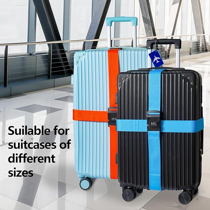 BILIONE 4 Pack Luggage Straps for Suitcases with Password Lock & Metal Tags, Adjustable Suitcase Belt & Travel Belt, Secure & Identify Luggage Connector Straps to Connect Two Bags 20-34 Inch Black