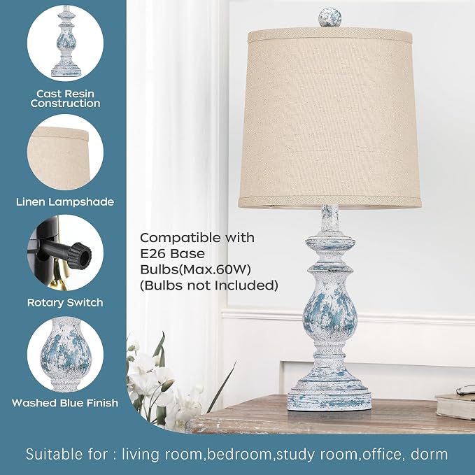 Traditional Table Lamp Set of 2, Rustic Farmhouse Table Lamps for Living Room Bedroom, 22" Bedside Desk Lamps Vintage Nightstand Lamps with Linen Shades, Washed Blue