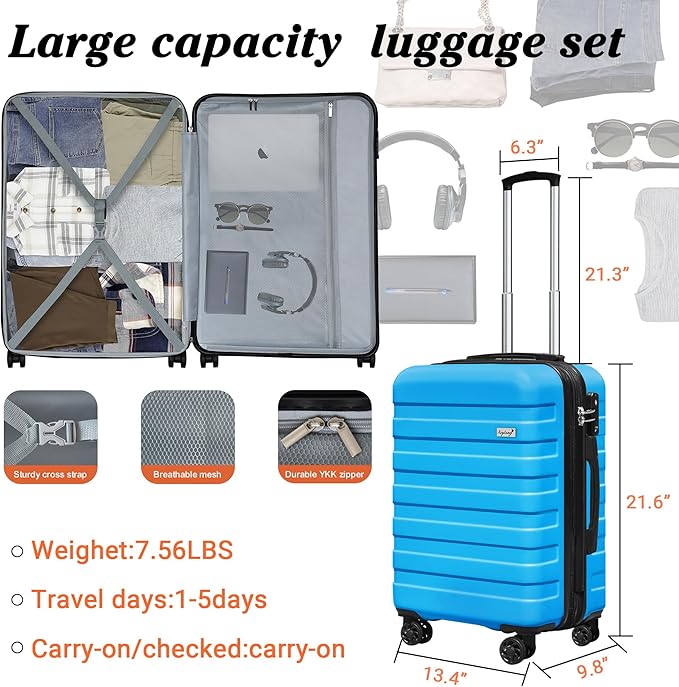 Zebra 20" Expandable Carry-On, Lightweight Hardshell Suitcase with Spinner Wheels,Blue