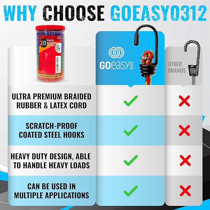 GOEASY0312 Premium Bungee Cords Heavy Duty - 17 Piece Bungee Cords with Hooks in A Storage Jar Includes 10", 18", 24", 30", 36", 48" Bungie Cord & Cargo Net Bundle