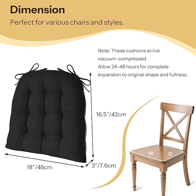 Chair Cushions for Dining Chairs Set of 4 Durable D-Shaped Seat Cushions with Non-Slip Backing Secure Ties Thick Cozy Seat Pad for Kitchen Dining Room Office(18x16.5x3in Black)