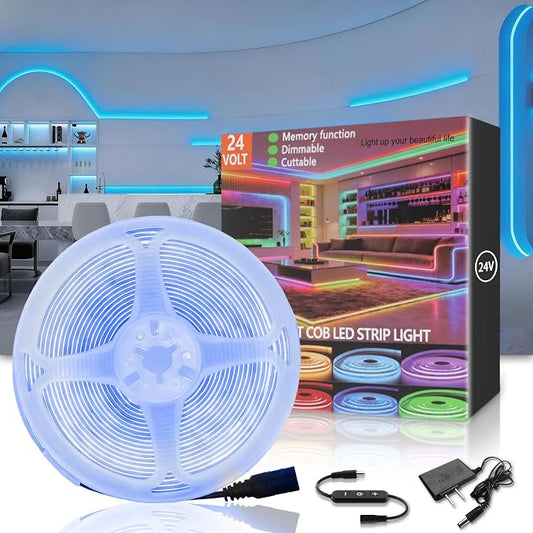 20FT COB LED Strip Lights Blue 24V High CRI95+ Ultra Bright Flexible LED Tape Lights Safe Low Voltage LED Lights Strip Rope Lights for Kitchen Under Cabinet Stairs Bedroom DIY Decorative Lighting