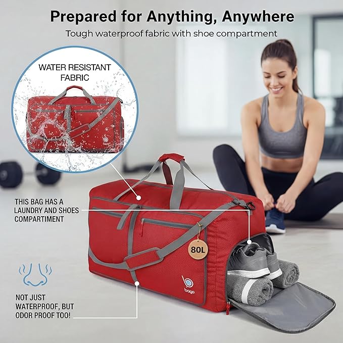 Bago Large Duffle Bag for Travel Women & Men. Durable Lightweight Foldable Travel Duffel Bags For Traveling Women. 80L Duffle Bags For Overnight Bag With Shoe Compartment Collapsible Weekender duffel