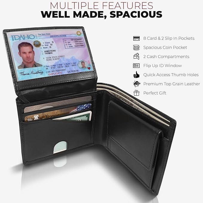 BULL GUARD Mens RFID Blocking Bifold Wallet Smooth Top Grain Leather Nappa Black, Secure and Durable Extra Capacity Billfold With 10 Credit Card Slots, Flip Up ID, Tight Stitching and Coin Pocket