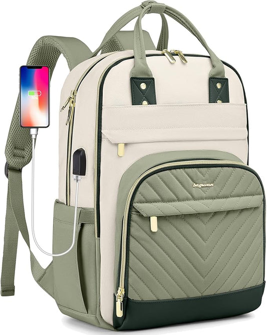 Laptop Backpack for Women Work Bag - Fits 17.3 Inch Laptop Bag Travel Work Backpack Anti-theft Bags with USB Charging Business Computer Waterproof Backpack Purse for Nurse Teacher Beige Light Green