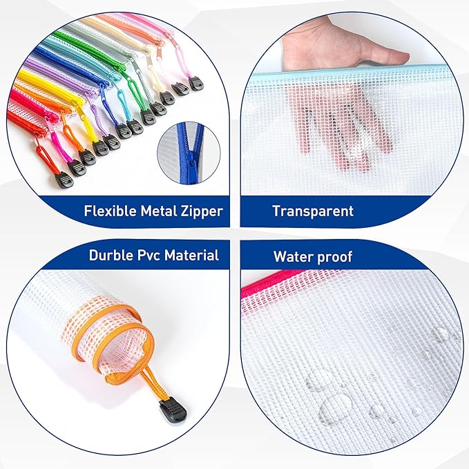 48pcs Zipper Pouches for Organizing, A4 Waterproof Bags, Plastic Mesh Zipper Bags, Storage Bags for Toys, Document Bag, Classroom Organization, Mesh Bag Organizing Pouches