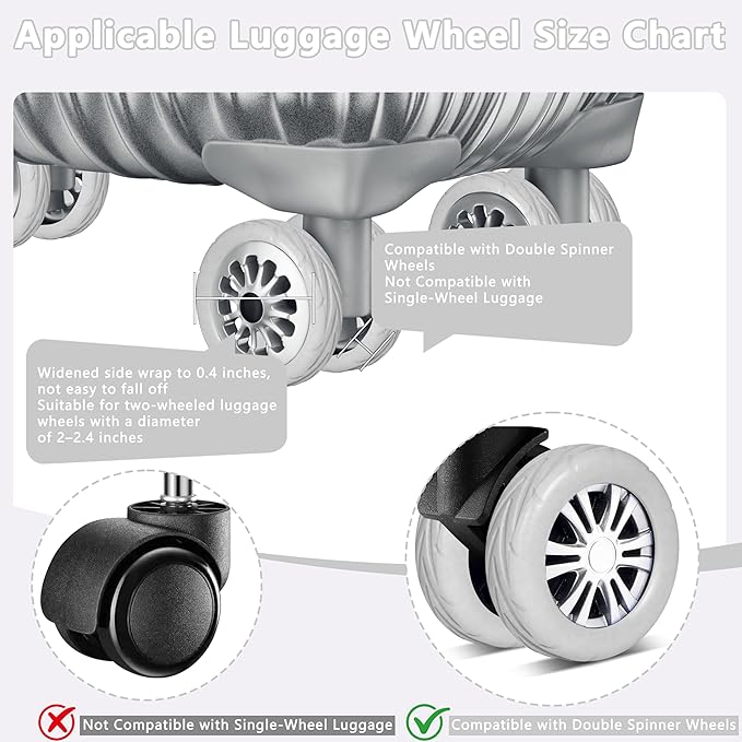 8 Pcs Upgraded Luggage Wheel Covers, Suitcase Protector, Wear-Resistant Anti-Noise Silicone Wheel Covers for 2-2.4” Spinner Wheels, Travel Accessories for Carry On Luggage (Grey, Small)
