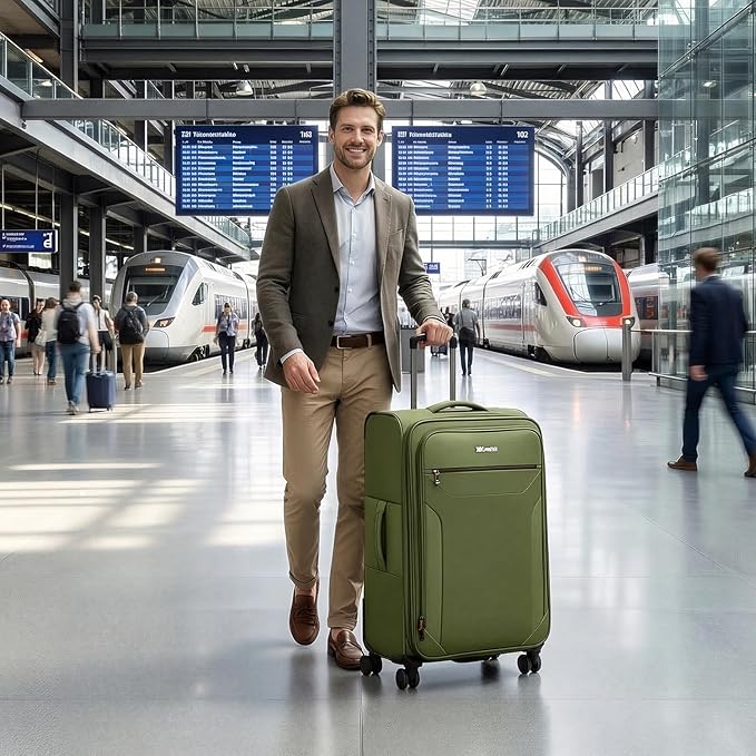 28 Inch Softside Expandable 20% Checked Luggage w/TSA LOCK and Spinner Wheels,Lightweight Upright Softshell Luggage for Men/Women（Green,28in）