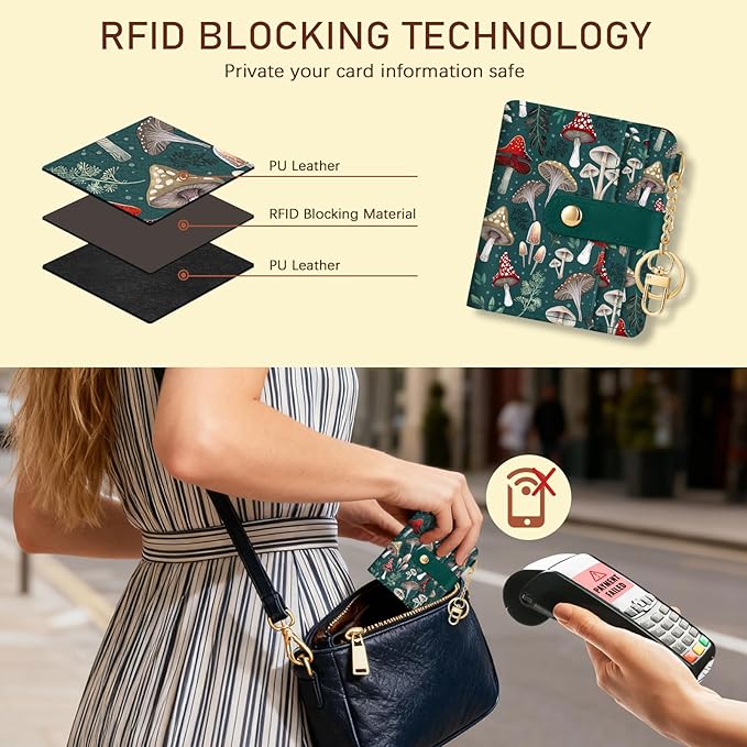 Jogjam Mushroom Green Rfid Ladies Wallet, Small Slim Thin Compact Credit Card Women Wallet, PU Leather Bifold Cash Zipper Coin Pocket ID Window for Female