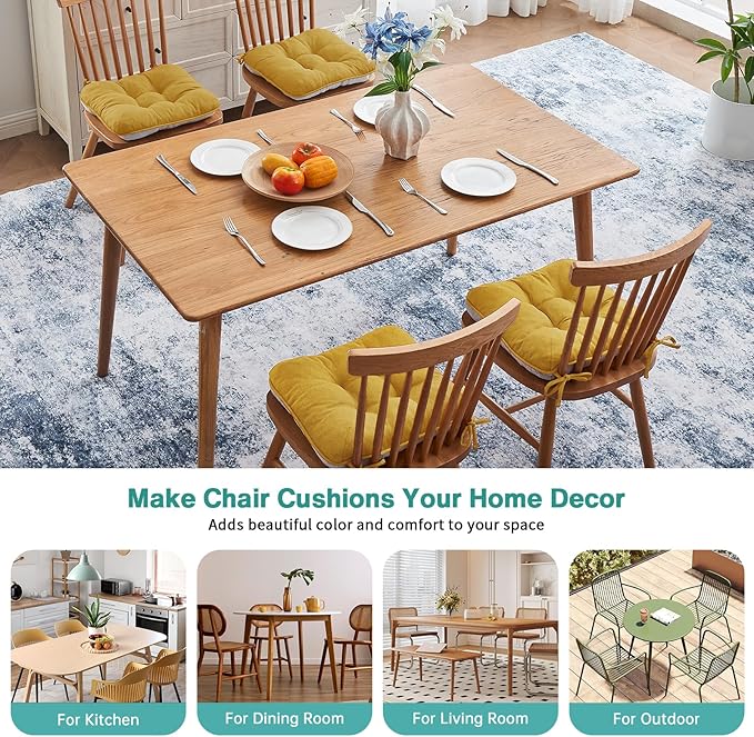 BETU Chair Cushions for Dining Chairs Set of 4,3.5" Thick Kitchen Table Chair Pads with Ties,Non Slip Backing and Covers, Seat Cushion for Dining Room,Bar,Patio Chairs,16"X16"X3.5",Yellow