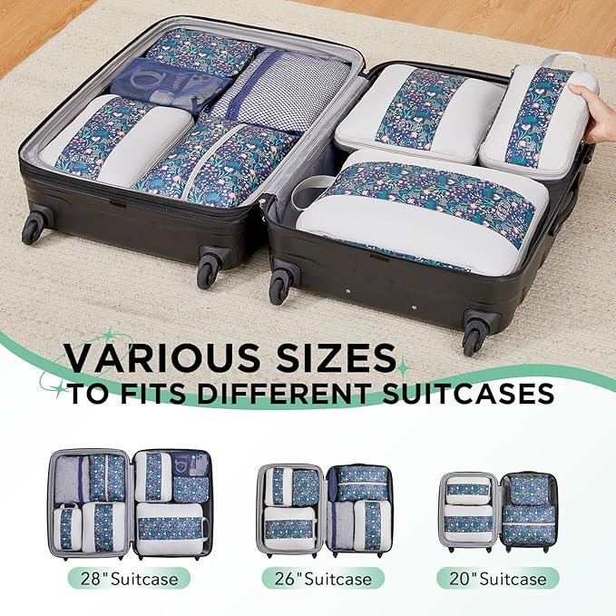 8 Set Compression Packing Cubes for Travel Essentials,Compressible Expandable Packing Cubes for Suitcase,OlarHike Luggage Organizer Bags for Travel(Dark Blue Floral)
