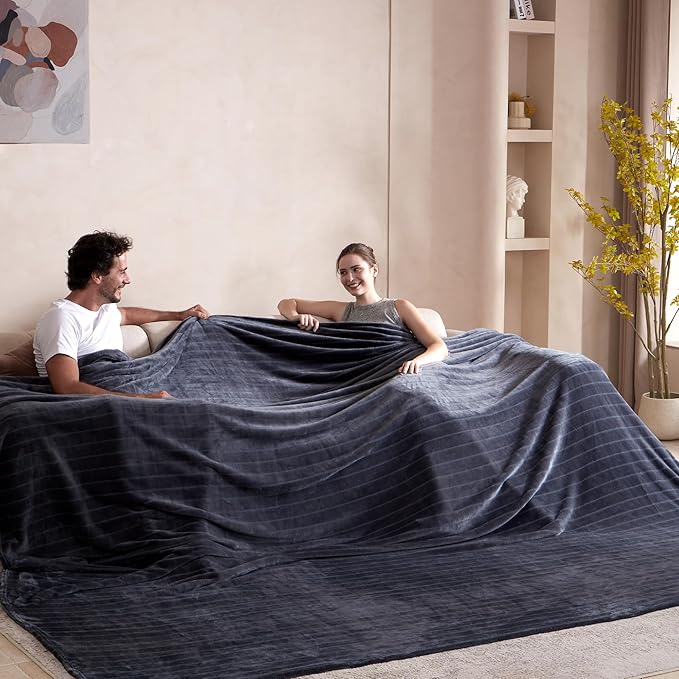 Extra Large 120x138 Inch Giant Soft Cozy Fleece Blanket, Huge Oversized Seamless King 3D Jacquard Decorative California King Blanket for Bed, Couch, Travel - Striped Dark Grey