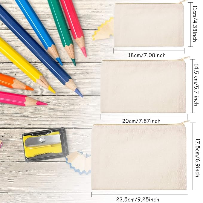 Frienda 12 Pieces Canvas Cosmetic Bag Multipurpose Cosmetic Pouch Zipper Makeup Bags Blank Make Up Purse for Women Travel Organize Storage, Multi Sizes