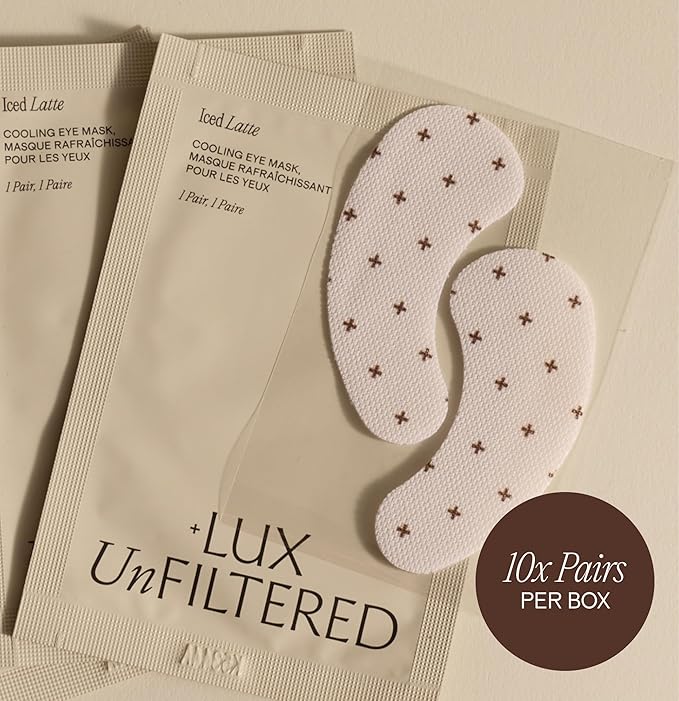 + Lux Unfiltered Iced Latte Cooling Under Eye Patches - Anti-Slip Caffeine Infused Korean Eye Mask - Reduces Puffiness, Brightens & Hydrates - Niacinamide & Hyaluronic Acid - Vegan - 10 Pairs