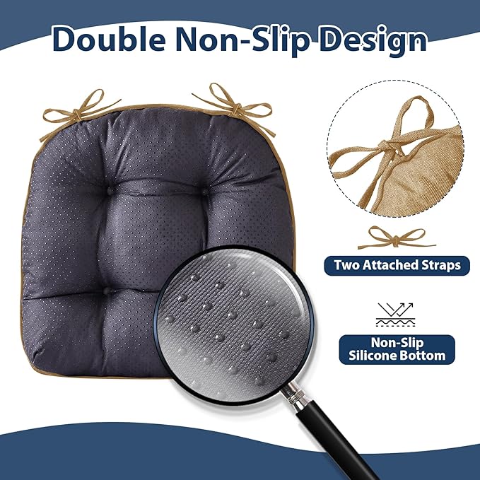 Chair Cushions for Dining Chairs, Seat Cushions for Kitchen Chairs, Indoor Seat Cushions with Ties, Tufted Foam Chair Pads, Non Slip Chair Cushions Set of 4, 15.5" x 15.5" x 4", Khaki