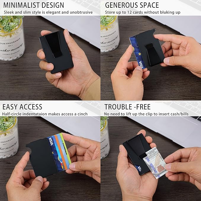 Minimalist Carbon Fiber Wallet for Men, Money Clip Cash Strap Wallet, RFID Blocking Metal Wallet Aluminum Card Holder,Front Pocket Wallet(Matte Black)