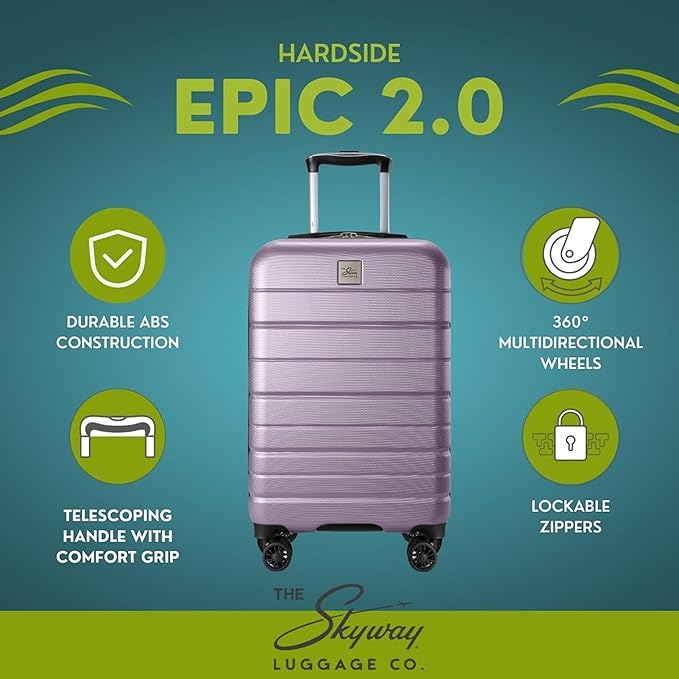 Skyway Epic 2.0 Hardside Lightweight and Durable ABS Shell Luggage, Spacious with 8-Wheel Spinners, Comfort Grip with Telescoping Handle, Men and Women, Silver Lilac, 2-Piece Set (20,24)
