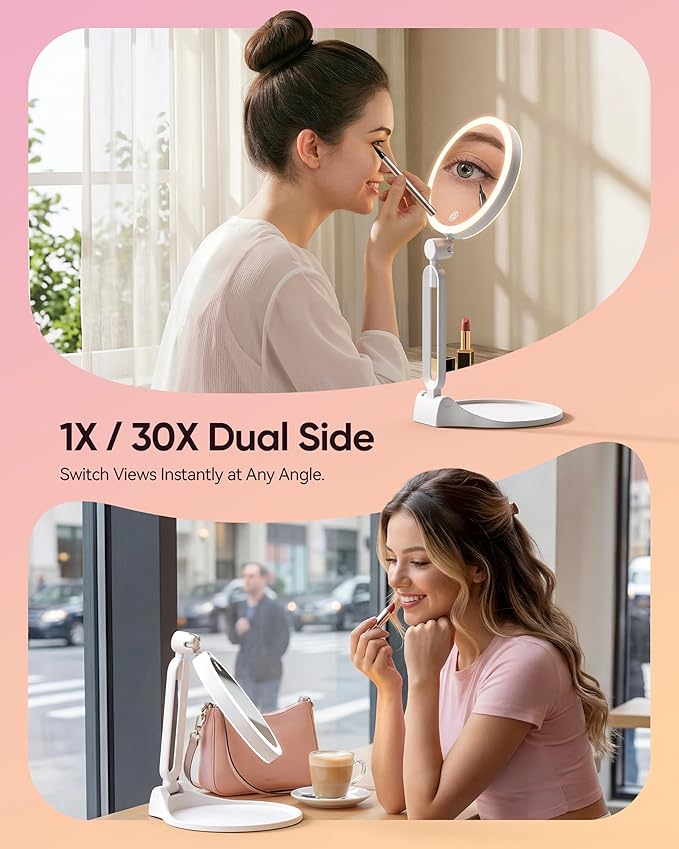 Travel Makeup Mirror with Lights 2026 New, 1X/30X Magnification Double Sided Lighted Mirror, 3 Color Lighting & Stepless Dimming, 2000mAh Foldable Portable Mirror for Desk & Travel