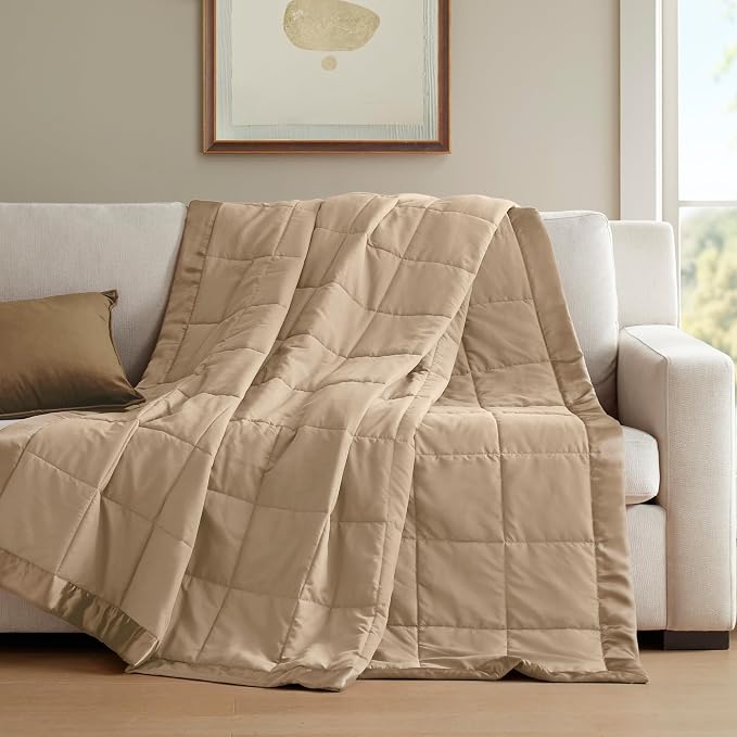 Madison Park Down Alternative Twin Size Blanket for Bed, Satin Trim, Brown | Lightweight Windom Blanket Premium 3M Scotchgard Moisture Wicking Treatment, OEKO TEX, Soft Bed Cover, All Season