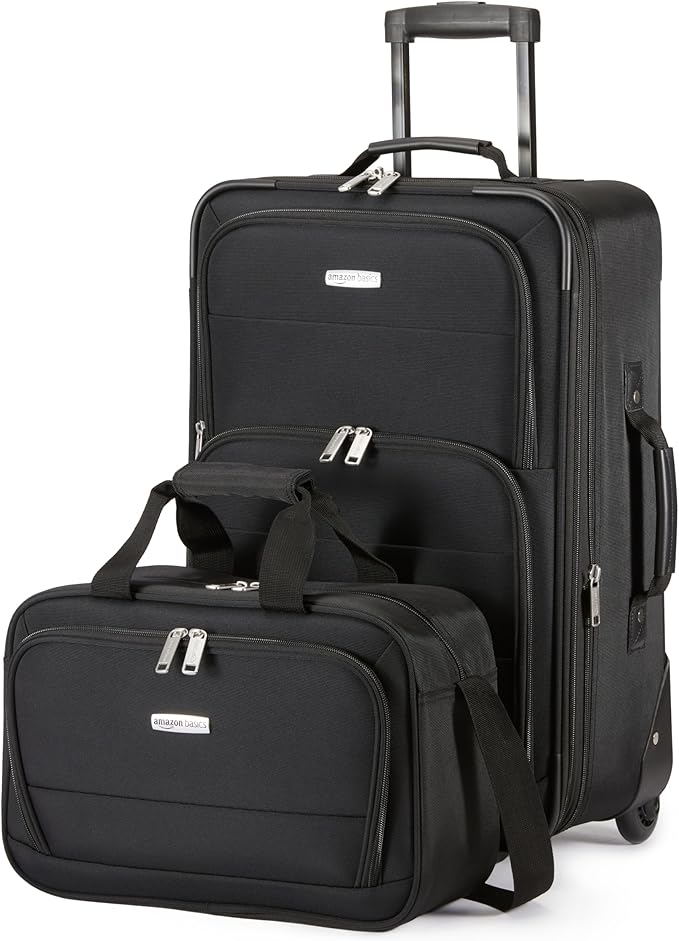 Amazon Basics Softside Luggage Set, 23-Inch Expandable Suitcase with Wheels and 15-Inch Tote, Extra Space (+15%), Front Pockets, Telescopic Handle, Black