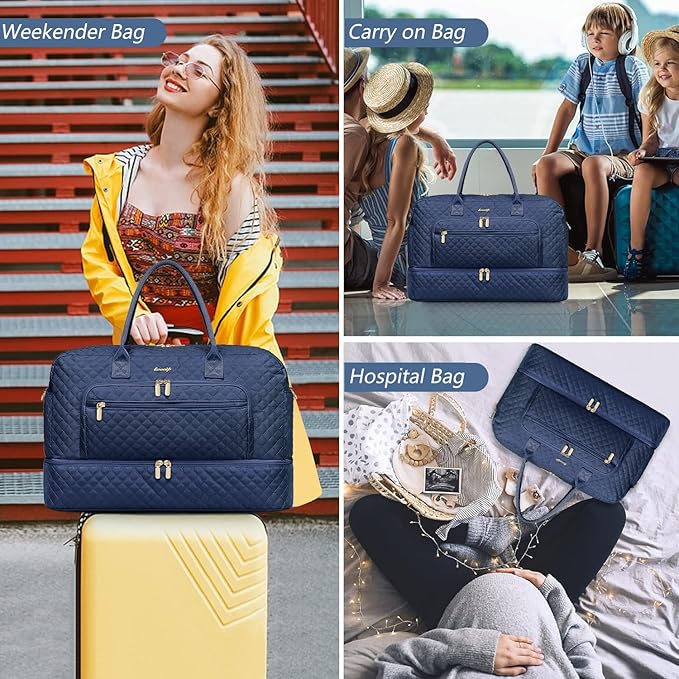 Large Women Travel Duffle Bag - Carry on Overnight Bag Weekend Travel Duffel Tote Bag Yoga Gym Bag with Wet Pocket Toiletry Weekender Overnight Bag for Travel Business Trips Sport Hospital Navy