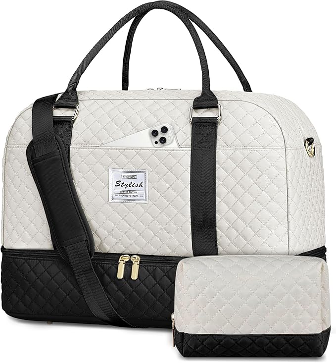 Travel Duffle Weekender Bags for Women: Overnight Bag with Shoe Compartment Carry On Bags with Toiletry & Wet Pocket Large Tote Hospital for Women Labor Delivery Black White