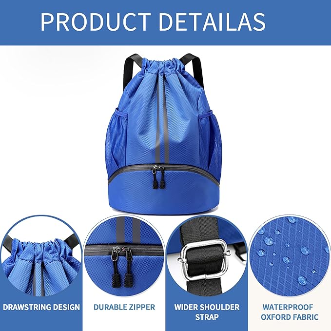 Drawstring Backpack Gym Bag with Shoes Compartment for Soccer, Basketball, Swim, Water-Resistant String Backpack Beach Cinch for Women Men, Blue