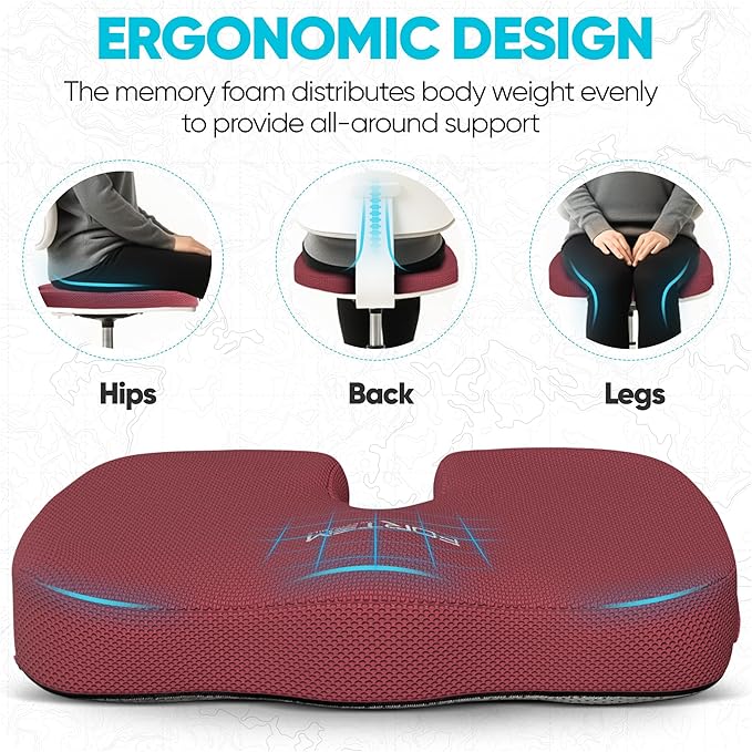 FORTEM Seat Cushion, Office Chair Cushion, Desk Chair Memory Foam, Sciatica Coccyx Tailbone Pain Relief, Pressure Relief, Sitting Pad, for Long Gaming & Sitting, Washable Cover, Non Slip