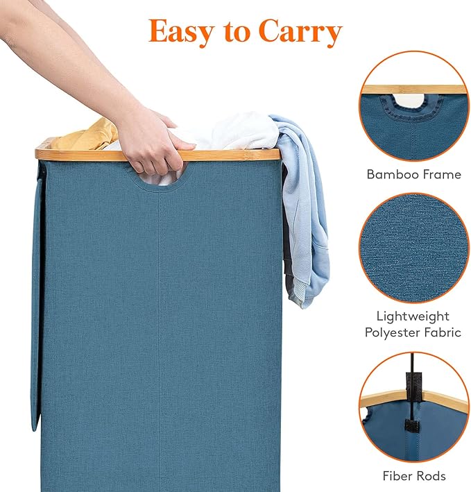Lifewit 80L Laundry Basket with Lid, Clothes Hampers for Laundry with Bamboo Handles and 1 Removable Bag, Large Foldable Laundry Hamper for Bedroom, Bathroom, Dorm, Laundry Room, Dark Blue