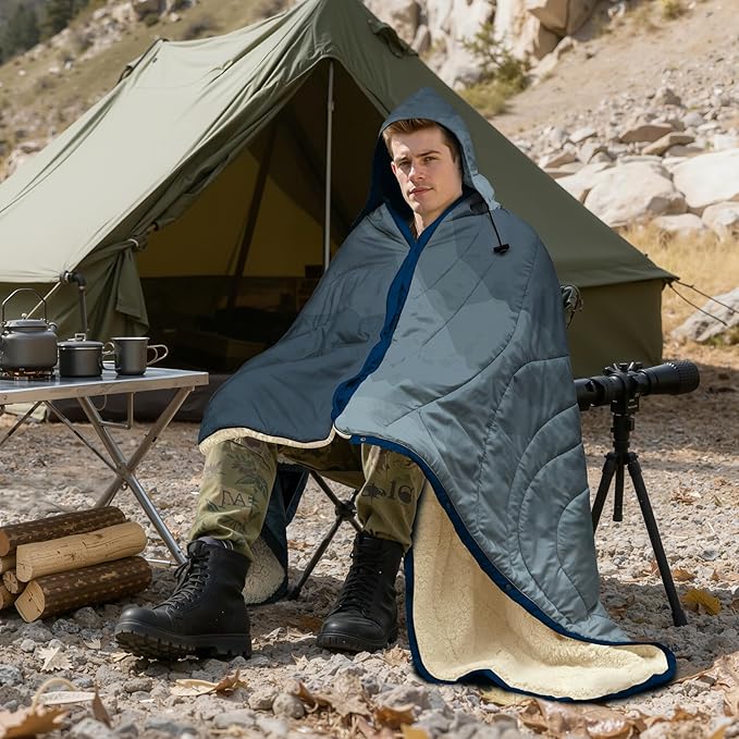 Outdoor Camping Blanket with Sherpa Lining, Extra Warm Thick Camp Blankets and Puffy Ultralight Soft Poncho DWR Camping Quilt for Cold Weather, Adventure, Sleeping, Backpacking 78"x 56"