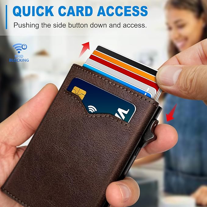 miyozi Wallet for Men,with Cash Pocket 2 ID Window 9-13 Cards,Metal Case Smart Slim Pop Up Credit Card Holder Flip with Magnetic Closure RFID Blocking Trifold wallet with Gift Box