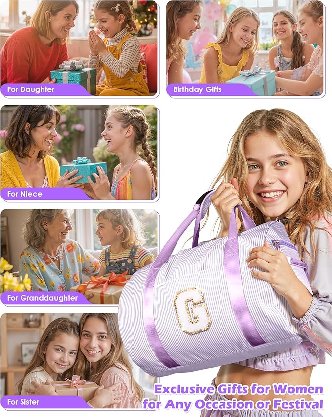 Birthday Gift for Grandkids, Girls Travel Duffle Bag, Kids Initial Overnight Duffel Bags with Shoe Compartment, Personalized Dance Bag with Cosmetic Pouch, Teenager Girl Gift Idea (Letter S)