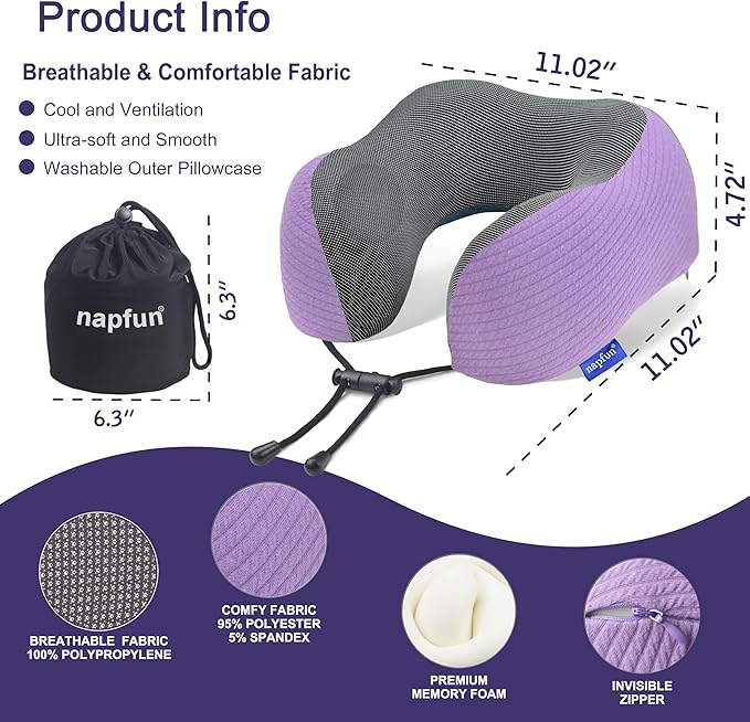 napfun Neck Pillow for Travel with Travel Pouch, Sleep Mask & Earplugs, Memory Foam Airplane Pillow for Headrest Sleep with Eyeshades, Plane Essentials with Eye Blindfold, Light Purple Striped Kit