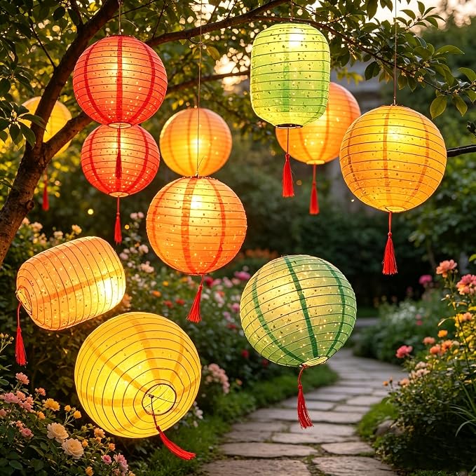 10PCS Paper Lanterns Valentines Day Chinese New Year Spring Festival Lantern,8inches Round Hanging Paper Lanterns with LED Lights,with Tassels Walking Sticks for Wedding Dinner Birthday Party Decor