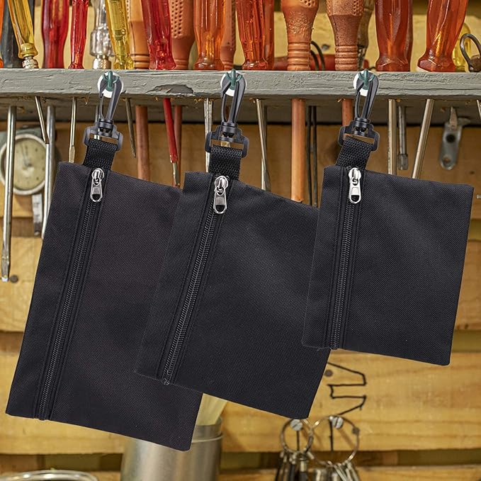 QCWN 3 Pack Small Zipper Tool Pouch Bags Heavy Duty 600D Oxford Waterproof Multipurpose Organizer For Tools Electronics Stationery Pencil Case With Carabiner Clip For Men Black