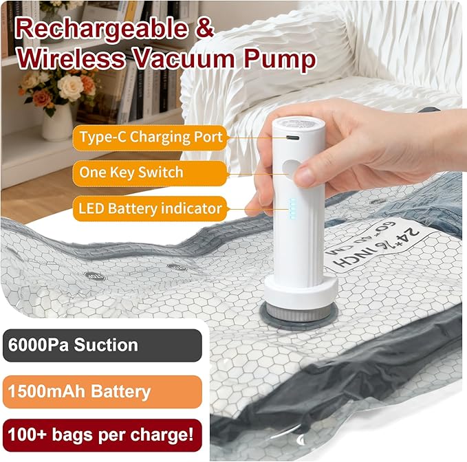Vacuum Storage Bags with Portable Electric Pump,Space Saver Sealer Bags, Airtight Compression Bags for Clothes, Pillows, Comforters, Blankets, Bedding (12 Pack)