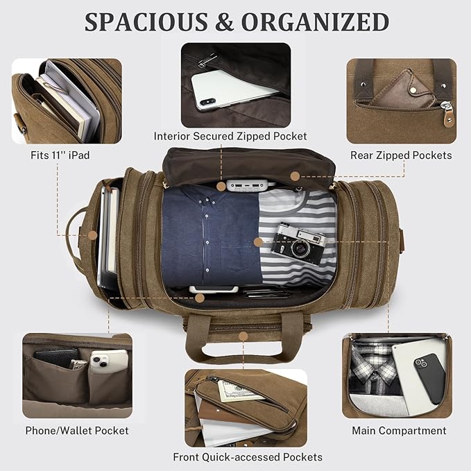 Gonex Canvas Duffle Bag 60L Travel Duffel Overnight Weekend Bag with Shoe Compartment (Coffee)