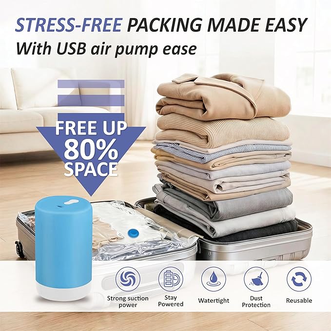 Cozy Essential Travel Vacuum Storage Bags with Rechargeable Cordless Electric Pump, Space Saver Bags for Luggage, Suitcase, Carry-On, for Clothes, Blankets, Comforters, Pillows, 15 Combo