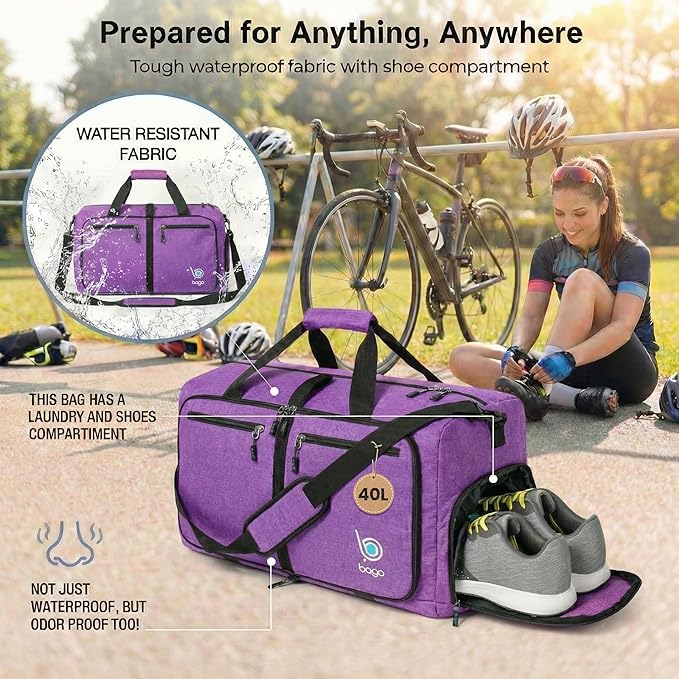 Bago Compact Duffle Bag for Travel Women & Men. Durable Lightweight Foldable Travel Duffel Bags For Traveling Women. 40L Duffle Bags a Reliable Weekender duffel or Overnight Bag With Shoe Compartment